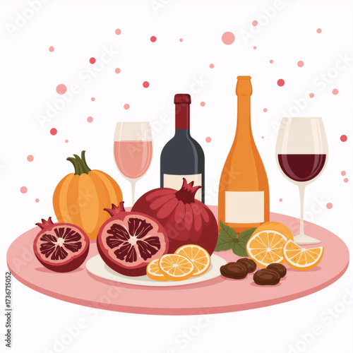 Colorful illustration featuring assorted fruits, wine bottles, and glasses on a pink table, creating a festive atmosphere for celebrations and gatherings with vibrant details	