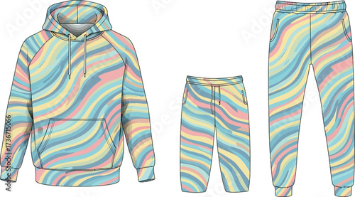 Pastel swirl pattern hoodie with matching shorts and sweatpants on a white isolated background