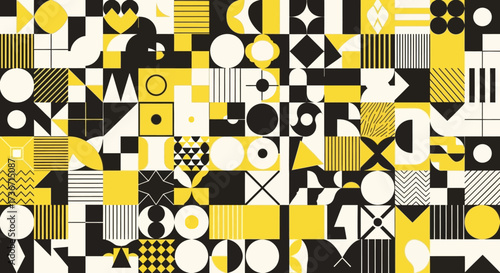 An Abstract Geometric Pattern Composed of Repeating Shapes and Lines in Yellow and Black