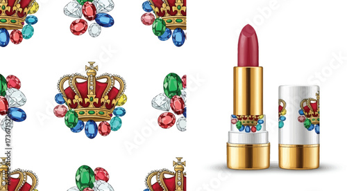 Lipstick with crown and jewel design alongside repeating crown and jewel pattern background