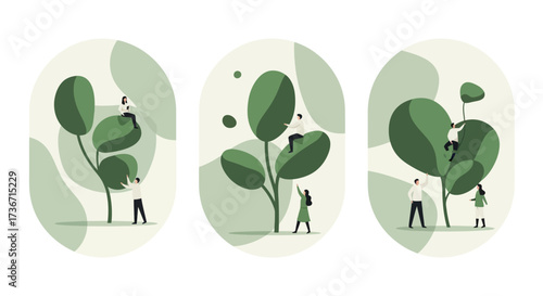 Tiny People Collaborating to Grow a Healthy Green Plant Together