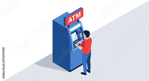 A person uses a blue automated teller machine for financial transactions and cash withdrawals