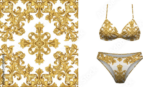 Gold baroque pattern on white background with a matching bikini set on a white background isolated