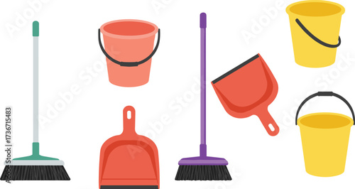 Cleaning tools vector, broom and dustpan, household supplies, cartoon buckets, sanitation clipart, cleaning equipment, home hygiene, bucket set, sweeping gear, tidy tools