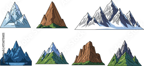 Mountain peak illustrations, snowy, rocky, green terrain, lake base, cartoon style, vector art, isolated, nature landscape, outdoor scenery, elevation