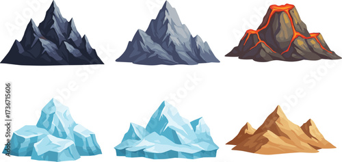 Mountain vector set, rocky icy volcanic desert peaks, cartoon style, geological formations, nature illustration, terrain types, educational design