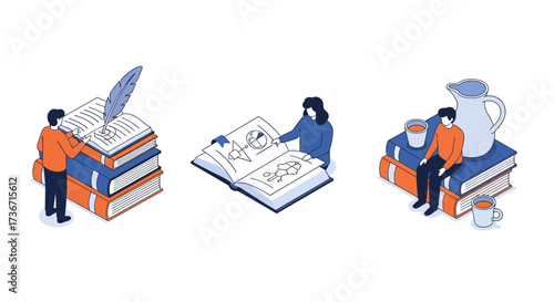 Illustrations of people interacting with books in various educational and leisure activities depicting reading learning writing and storytelling