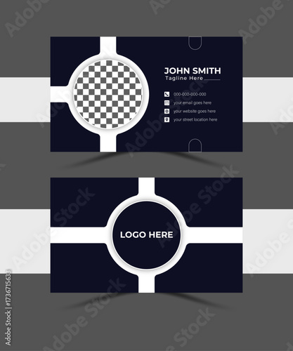 Modern infographic business card design template with circle elements and business layout chart arrows and icons.