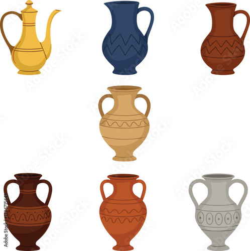 Pottery vessel vector set, ancient ceramic jugs, amphora teapot pitcher, historical design, cultural artifact illustration, traditional decor, cartoon style