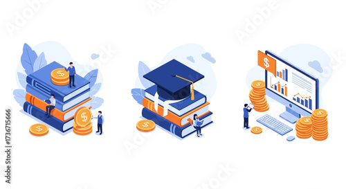 Financial Education and Investment Growth Illustrated by Stacks of Books and Coins with People Observing Charts and Computer Screens