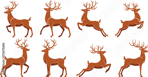 Stylized deer vector, animal poses, wildlife illustration, antlered deer, brown silhouette, forest creature, jumping deer, standing deer, nature clipart, deer set