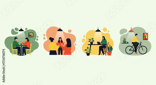 Diverse Everyday Activities Depicted in Flat Modern Illustrations Showcasing Social Interaction and Personal Pursuits