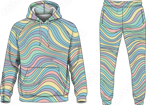 Matching set of hoodie and sweatpants with pastel wave pattern on a white background studio shot