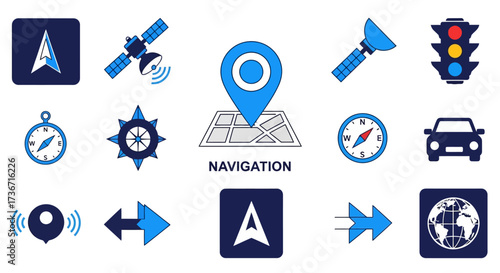 Collection of Navigation Icons Featuring Maps Satellites Compasses Traffic Lights and Vehicles for Digital Applications