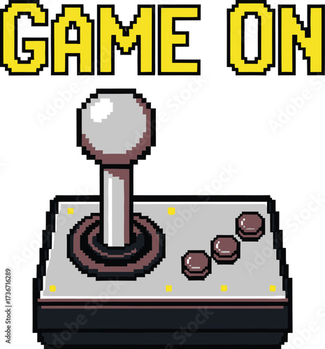 Pixelated arcade joystick with red buttons and game on text above on a white background