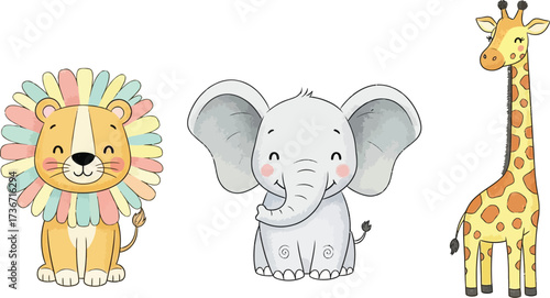 Illustration of a lion with colorful mane an elephant and a giraffe on a white background