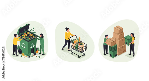 Illustrations depicting individuals engaging in sustainable practices like waste sorting shopping with reusable bags and recycling packaging materials