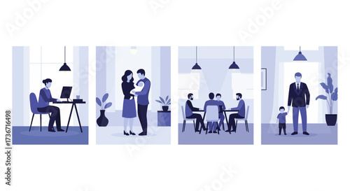 Illustrations Depicting Diverse Life and Work Scenarios Showcasing People in Various Settings Throughout Their Day