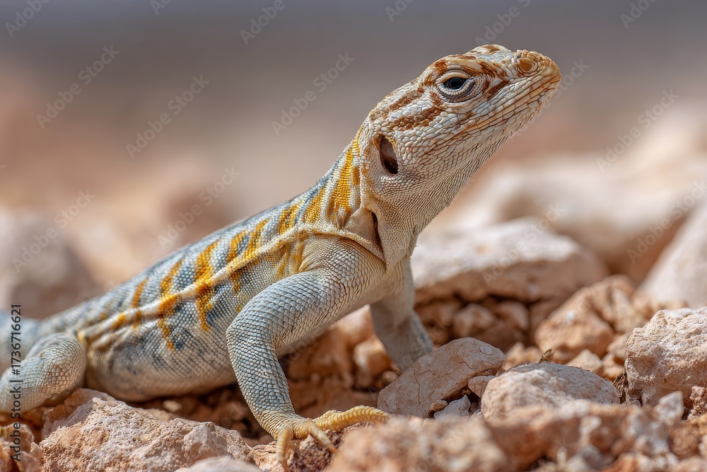 Fototapeta premium Striped Reptile in Arid Landscape: A Stunning Desert Lizard Captured in its Natural Habitat