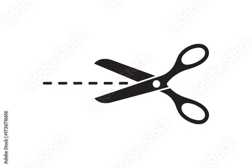 Black silhouette of scissors cutting a dashed line on white background