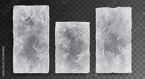 Three realistic translucent ice blocks with frosty textures arranged side by side on a transparent background showing their unique crystalline formations and rough edges