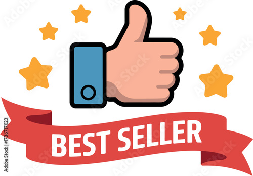 Best seller product with thumbs up icon and stars for marketing promotion and sales boost