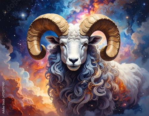 A majestic ram, its magnificent coat of swirling colors and textures, stands proudly against a backdrop of a vibrant, celestial sky.