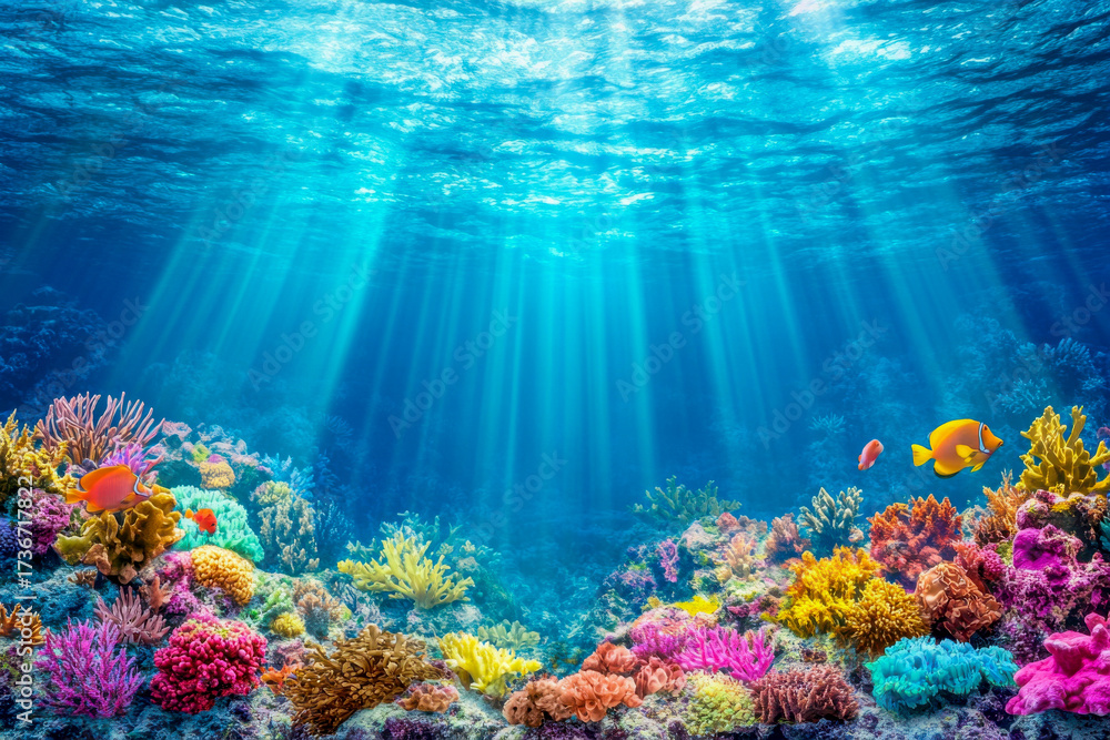 Naklejka premium Vibrant coral reef filled with various colorful corals and fish, highlighted by beams of sunlight penetrating the clear ocean water