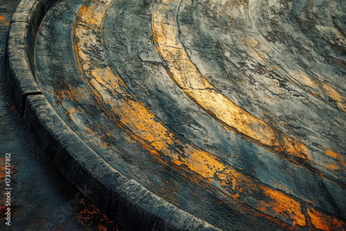 Weathered concrete surfaces show yellow and gray patterns, illuminating the unique texture of an outdoor amphitheater at sunset