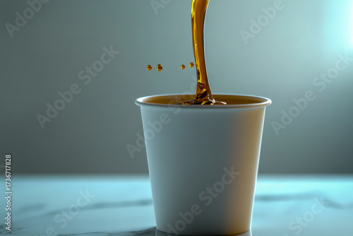 Hot coffee pours into a white cup set against a marble surface, capturing the essence of a calm morning moment