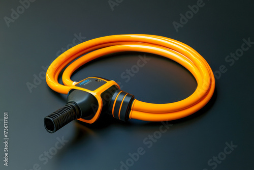 Flexible vacuum hose features a sleek black and orange design, coiled neatly on a smooth black surface, ready for use in cleaning tasks