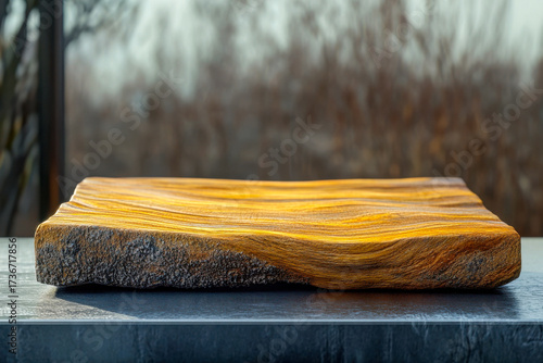 Beautiful wooden slab with wavy patterns placed on a reflective surface, capturing the warmth of natural design in soft lighting