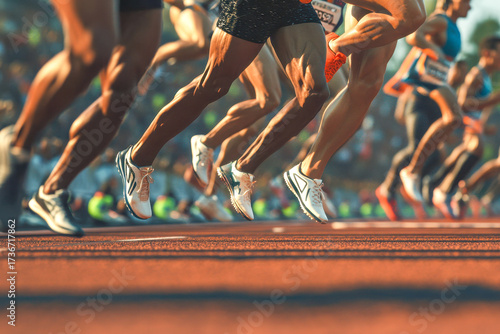 Athletes race down a track, showcasing their speed and determination in a vibrant outdoor setting with cheering crowds