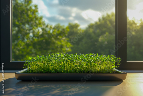 Bright green sprouts fill a tray, thriving in natural light from a sunny window in the afternoon