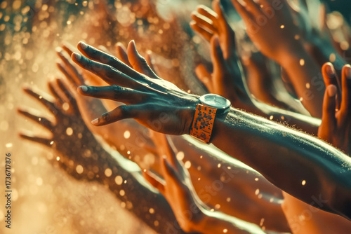 People eagerly raise their hands, celebrating a lively outdoor event filled with energy and joy during the sunset hour
