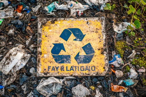 A recycling symbol marked on a dirty sign lies on the ground surrounded by scattered plastic waste and debris