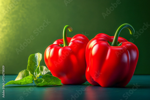 Two vibrant red bell peppers are placed on a table next to fresh green leaves, showcasing their shiny skin and rich color in natural light