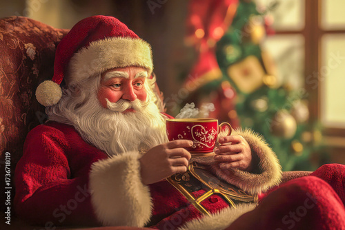 Santa relaxes in a cozy chair holding a warm cup, surrounded by festive decorations and a beautifully lit Christmas tree
