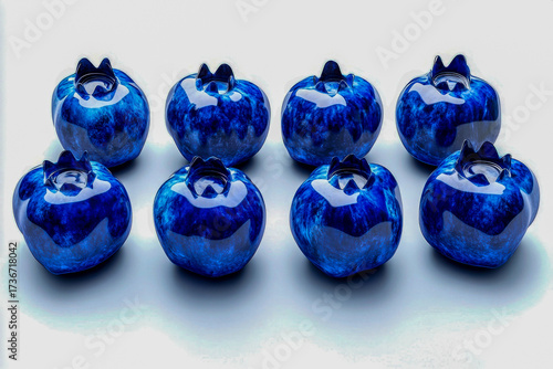 Bright blue glass apples are arranged in a neat formation, showcasing their unique shapes and shiny surfaces, adding elegance to any space