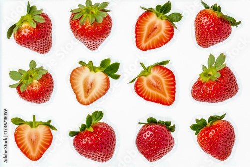 Vibrant red strawberries are arranged neatly, showcasing whole and sliced pieces against a bright background