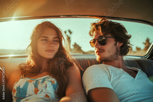 A young couple relaxes in a classic car, enjoying each other's company as the sun sets, casting a warm glow around them