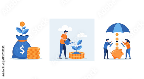 Illustration of financial growth and investment protection concepts with coins and money bag