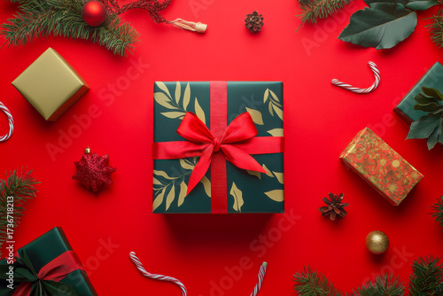 A beautifully wrapped green gift box with a red ribbon sits on a red surface, surrounded by holiday decorations and greenery