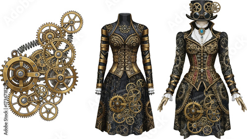Steampunk gears and dresses with corsets and hats in a victorian inspired fashion illustration
