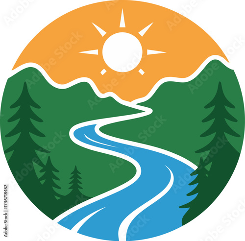 Nature landscape logo design with river mountains trees sun for outdoor adventure company