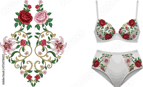 Floral embroidery design with roses and lilies alongside lingerie set with floral accents