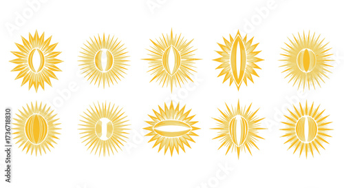 Collection of Golden Sunburst and Eye Symbols with Radiant Rays Creating a Mystical and Divine Aura for Esoteric Designs