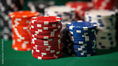 Colorful poker chips stacked and falling on green casino table, gambling concept with red blue white betting tokens for online poker game background