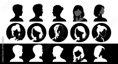 Collection of Diverse Human Head Silhouettes Featuring Various Hairstyles and Profiles for Digital and Print Design Projects