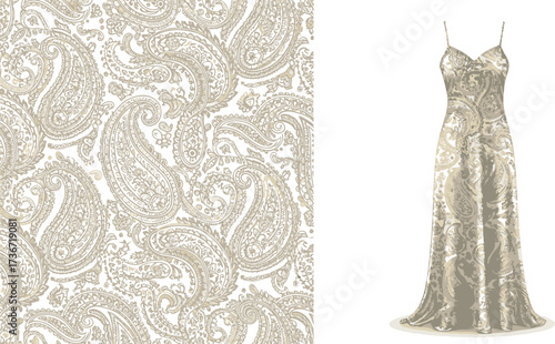 A long dress with paisley pattern next to a paisley pattern background in white and beige colors